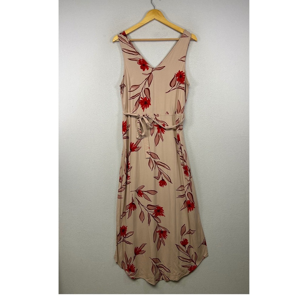 Cottagecore A New Day Womens Medium Beige Red Floral V-Neck Tie-Waist Maxi Dress